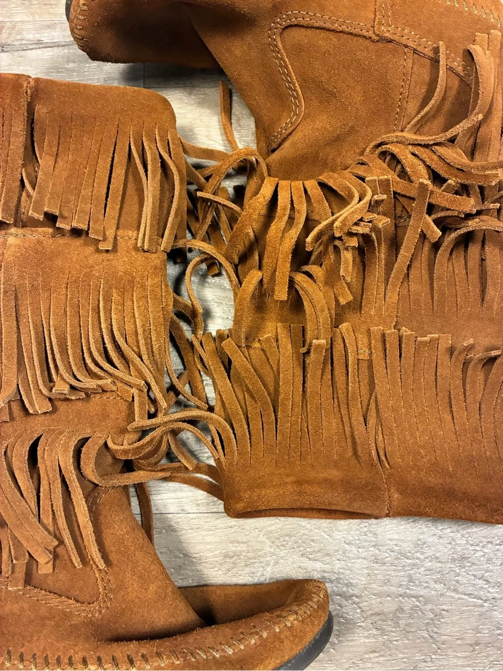 Minnetonka Three Fringe Suede Moccasin Pull On Western Boots Mid Calf